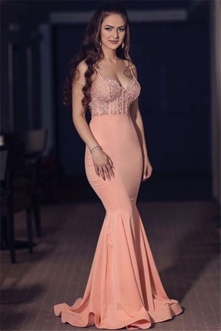 Spaghetti Straps Mermaid Pink Prom Dresses  Sexy Lace Sleeveless Formal Evening Gown