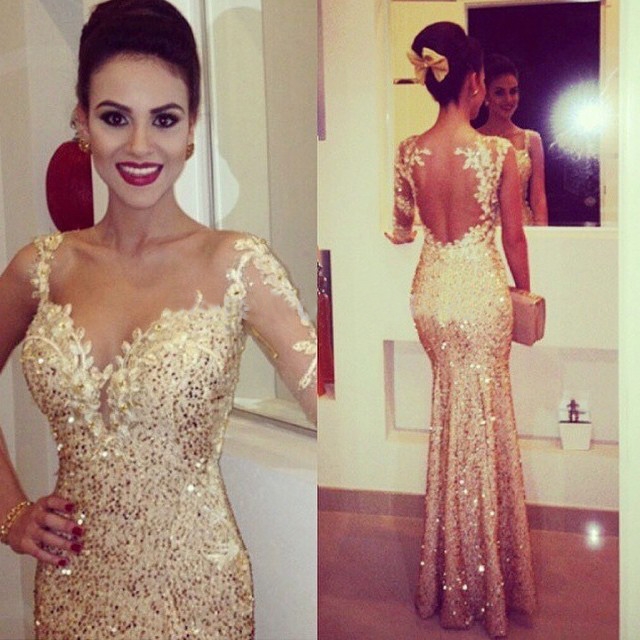 Gold Sequined Open Back Mermaid Prom Dresses with One Shoulder Appliques  Long Evening Dresses