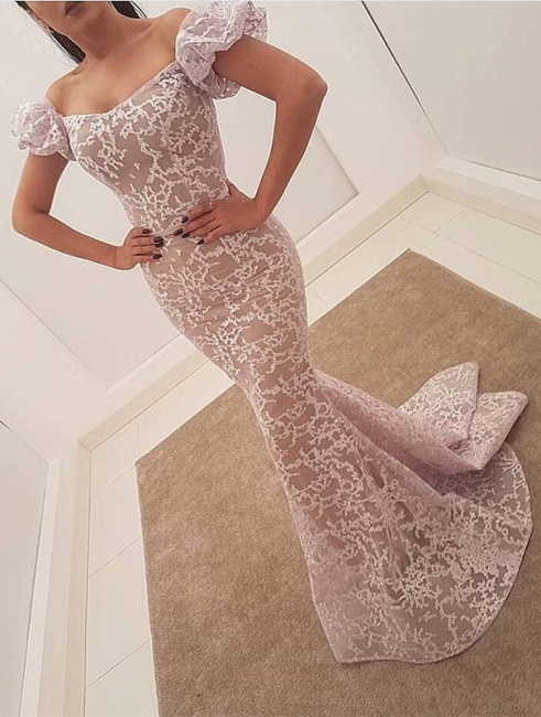 Elegant Mermaid Lace Evening Dresses  | Off the Shoulder Sweep Train Ball Dress