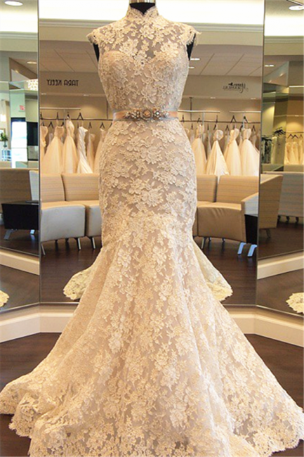 High Neck Mermaid Lace Retro Wedding Dress  Crystals Belt Sash Elegant Bride Dress