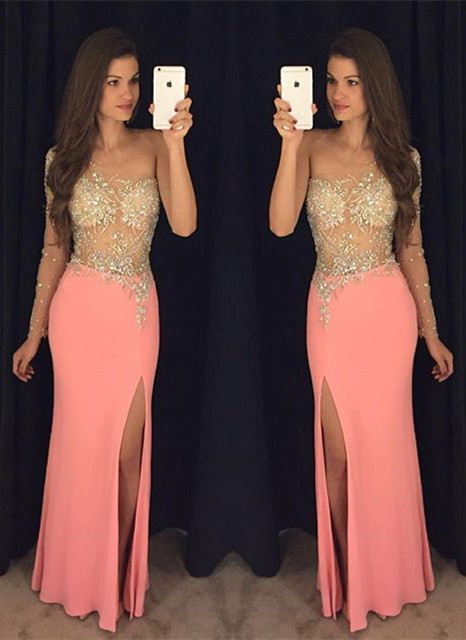 Sexy Sheath One Shoulder Crystal Prom Dresses  Side Slit Evening Gowns BA7760