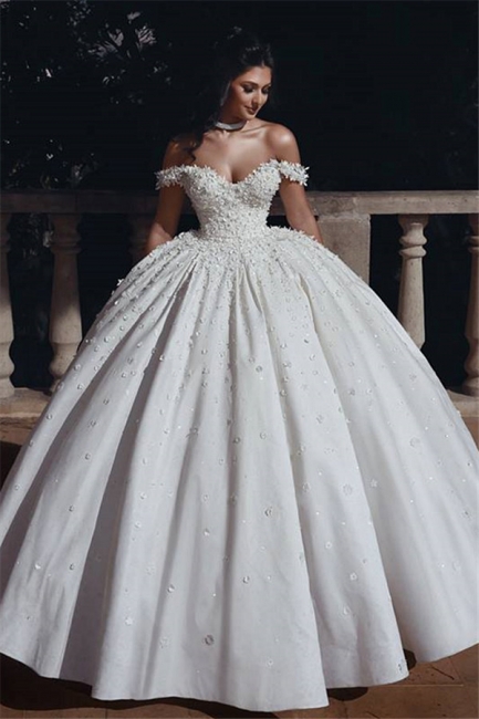 Affordable Off The Shoulder Beaded Appliques Ball Gown Wedding Dresses | Bridal Gowns Online