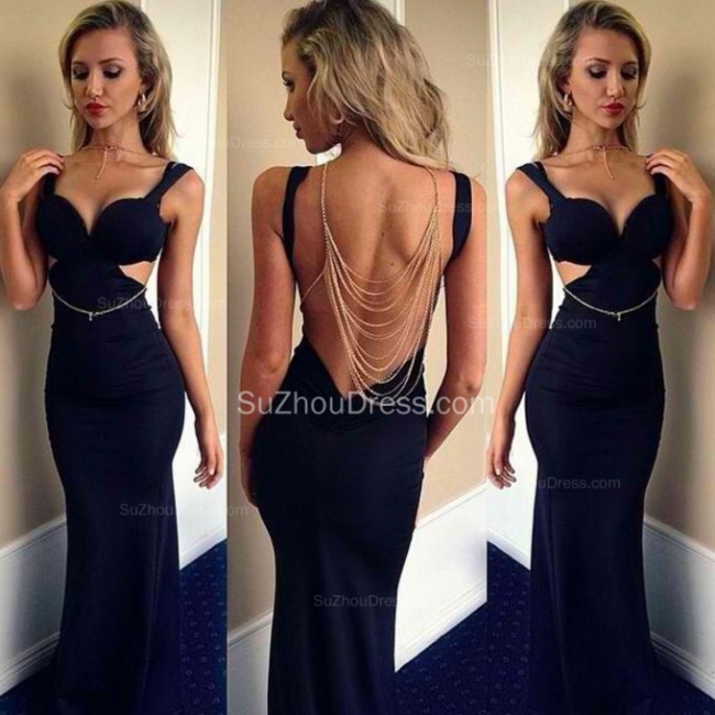 Black  Prom Dresses Straps Sleeveless Sexy Backless Evening Gowns with Chains