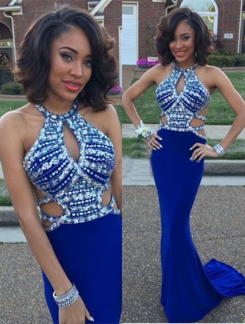Sexy Sheath Prom Dresses  | Royal Blue Crystal Sleeeveless Evening Gowns
