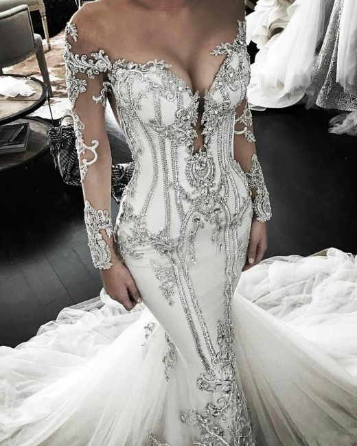 Affordable Off-the-Shoulder Lace Mermaid Wedding Dresses Long-Sleeves Appliques Bridal Gowns Online