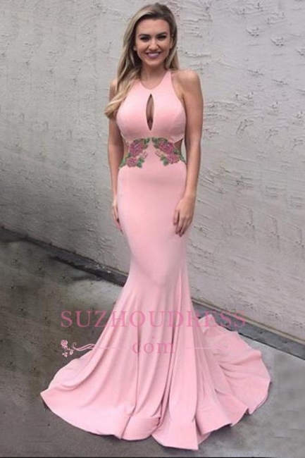 Mermaid Pink Flowers Long Modest Keyhole Sleeveless Prom Dress