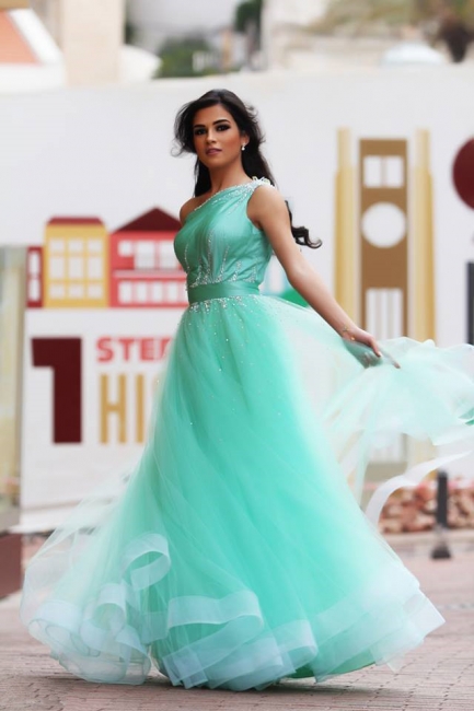 One Shoulder Crystal Green Organza Prom Dress A-Line Custom Made Floor Length Evening Dress