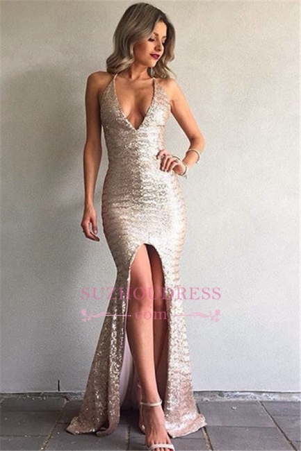 Mermaid Backless Sexy Formal Ball Dresses  V-Neck Front Split Sequined Evening Gown