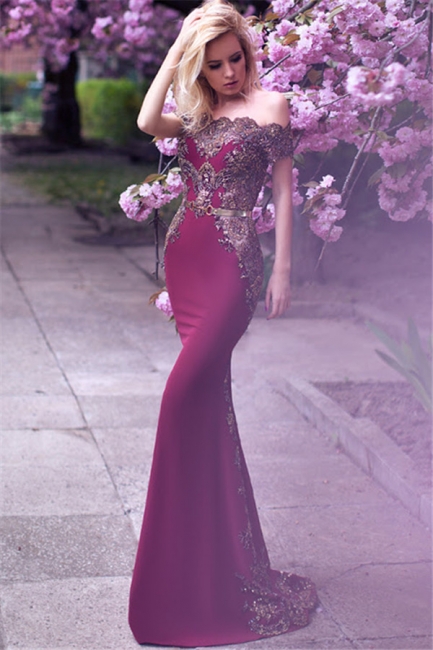 Off The Shoulder Formal Evening Dress  Beads Appliques Mermaid Prom Dress with Gold Belt FB0175