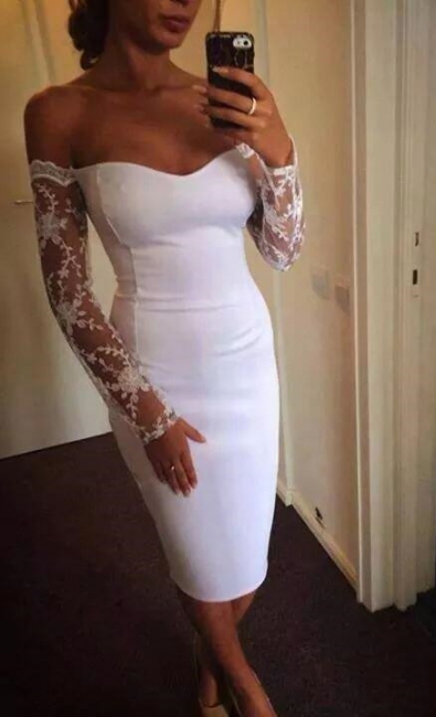 White Sweetheart Long Sleeve Cicktail Dress Lace Knee Length Evening Dress BA6793