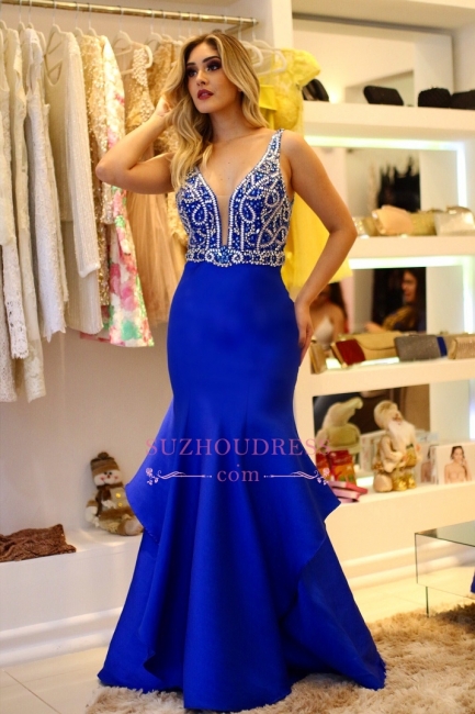 Royal Blue Crystal Prom Dress | Ruffles Mermaid Straps Sleeveless Evening Gowns