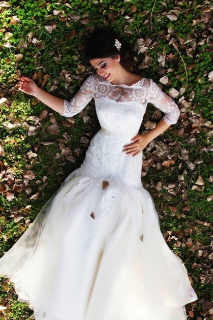 Half Sleeve Mermaid Wedding Dress with Lace Tulle Long Train Bridal Gown