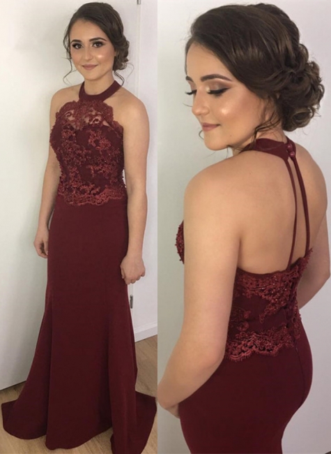 Halter Maroon Formal Dress  Lace Appliques Open Back Evening Dress