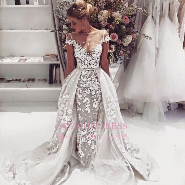 Popular  Overskirt Open Back Bride Dress Sleeves Illusion Lace Appliques Wedding Dress