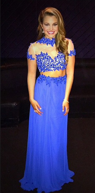 Royal Blue Short Sleeve Chiffon Long Evening Dress Separate High Collar Lace Prom Gown