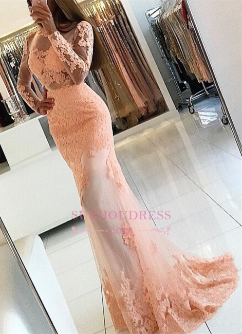 Long Sleeve Coral Lace Formal Dress  Appliques Newest High Neck Mermaid Prom Dress BA6227