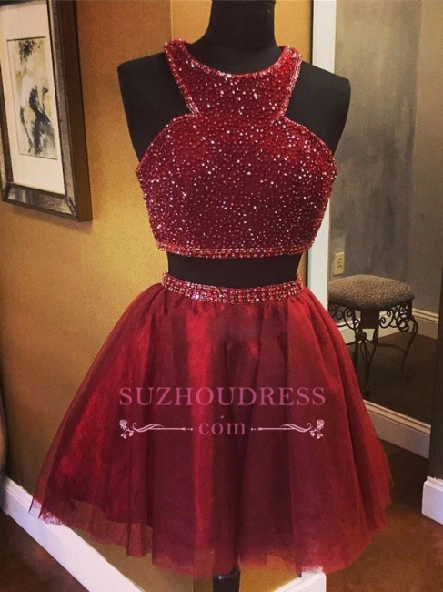 Two-Piece Bead Sleeveless A-line Luxury Red Homecoming Dresses