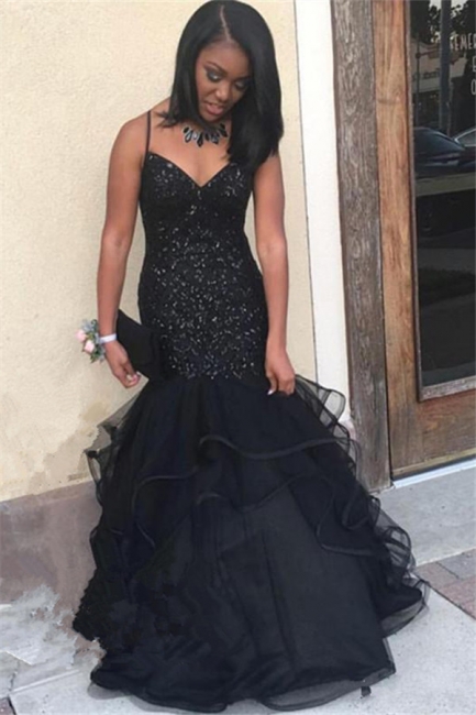 Sparkling Sequins Sexy Straps Black Prom Dress | Ruffled Tiered Puffy Tulle Graduation Dresses  FB0343