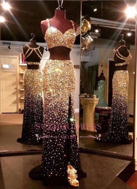 Gold Crystals Two Piece Side Slit Evening Gown Sleeveless Luxury Black Prom Dresses BA5262