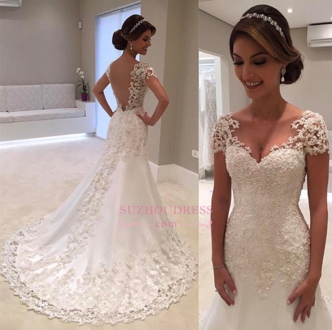 Gorgeous Lace Short Sleeves Bride Dresses  Mermaid Wedding Dress