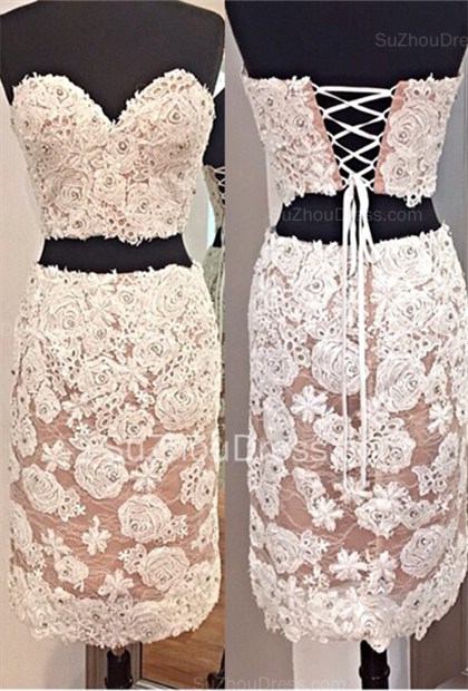 White Sweetheart Lace Cocktail Dresses  Mini Two Pieces Lace up Homecoming Dresses BA6821