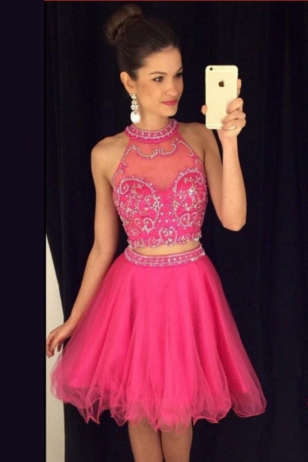 Fuchsia Two Piece Crystal Homecoming Dresses New Arrival Sleeveless Mini Cocktail Gowns BA3707