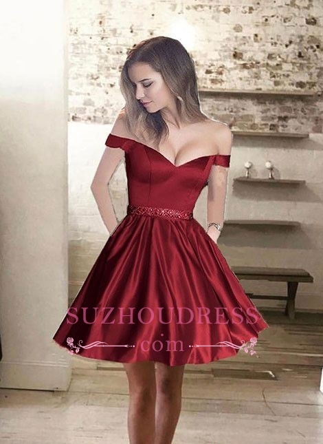 Bead Belt Burgundy Short Homecoming Dress  Glossy Off-the-Shoulder Hoco Dresses