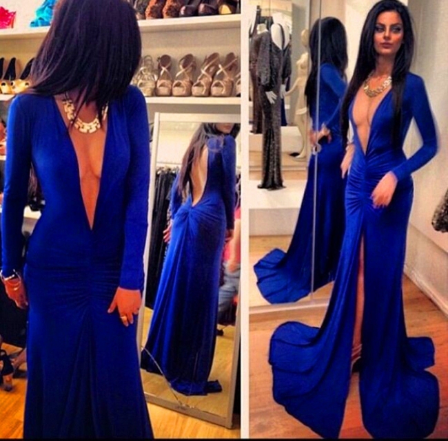 Blue Deep V-neck Evening Dress Long Sleeve Ruffles Prom Dress with Side Slit CJ0021