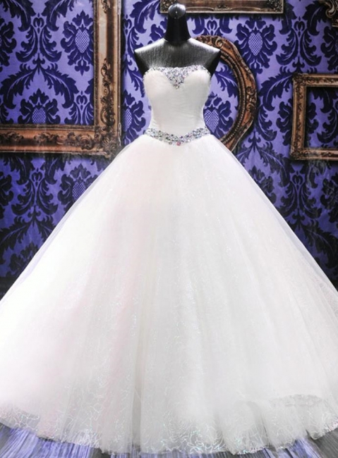 Rhinestone Cathedral Train Lace Wedding Dresses Lace-Up Elegant Sleeveless  Bridal Gowns