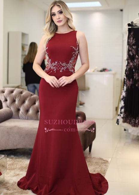 Burgundy Sleeveless Scoop Evening Dresses  | Beading Mermaid Prom dresses