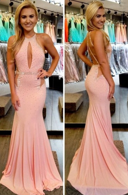 Pink Beading Mermaid Prom Dress Sexy Long Sleeveless  Evening Gowns