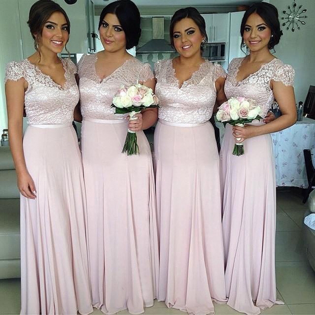 Pink Lace Chiffon Cap Sleeves V-neck  Bridesmaid Dresses  Long Wedding Party Dress
