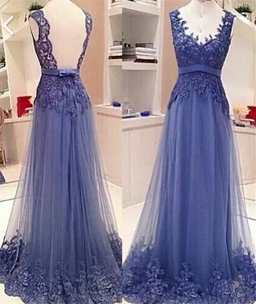 Cute Lace Appliques Elegant Prom Dresses with Bowknot Sash soft Mesh  Open Back Popular Evening Dresses CJ0123
