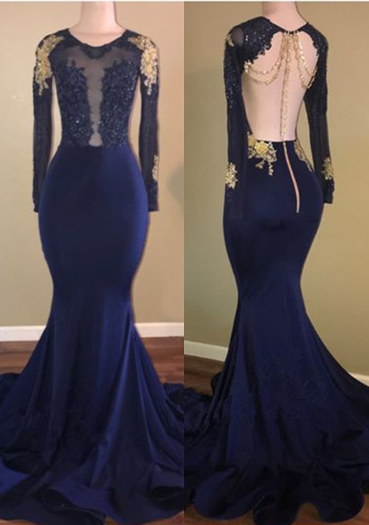 Dark Navy Mermaid Prom Dresses  | Long Sleeves Open Back Evening Gowns BA7834