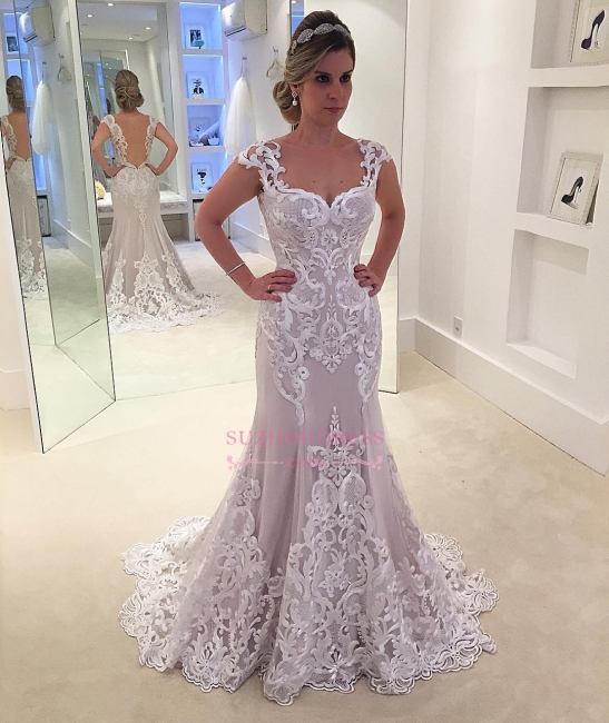 Elegant Lace Cap-sleeve Wedding Dress  | Mermaid Sweep-Train Bridal Gowns