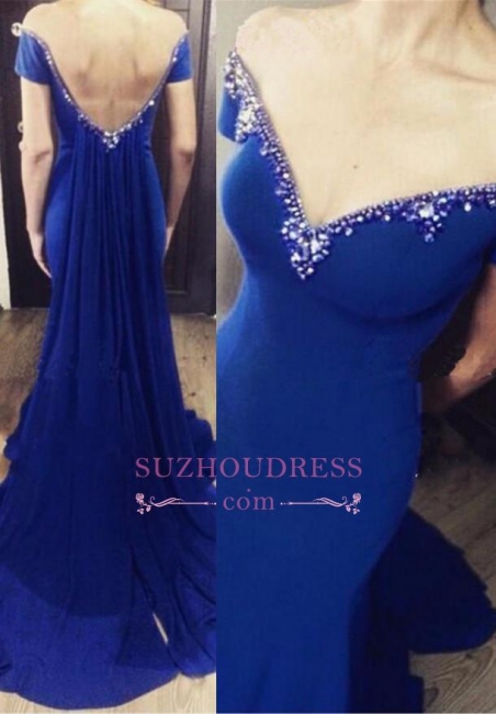 Royal-Blue Mermaid Off-the-Shoulder Open-Back Crystal Sexy Prom Dress