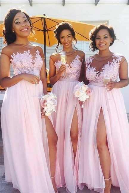 Pink Lace Chiffon Sexy Bridesmaid Dresses  Splits Long Dress for Maid of Honor Online BA6919