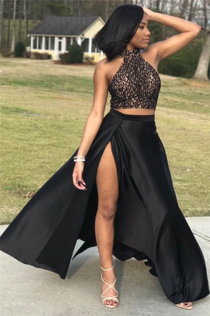 Halter Open Back Two Piece Prom Dresses | Black Lace Sexy Slit Sleeveless  Evening Dress