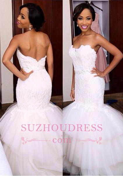 Newest Sweetheart Tiered Mermaid Tulle Appliques Crystal Wedding Dress