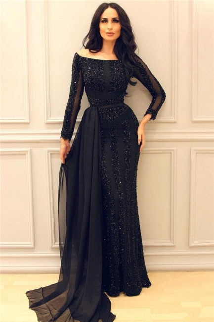 Glamorous Jewel Beaded Black Mermaid Prom Dress Long Sleeve Sequins Formal Dresses On Sale