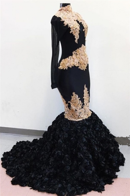 Gold Lace Black Prom Dresses on Mannequins | Sexy Mermaid Flowers Bottom Graduation Dress BA9018
