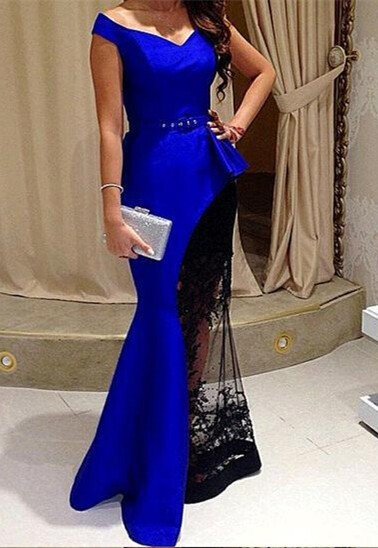 V-Neck Royal Blue Floor Length Evening Dress Satin Custom Made Formal Occasion Dress BA7303