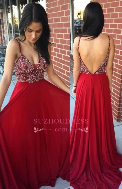 Sexy A-Line OPen Back Prom Dresses | Spaghetti-Straps Long Evening Gowns