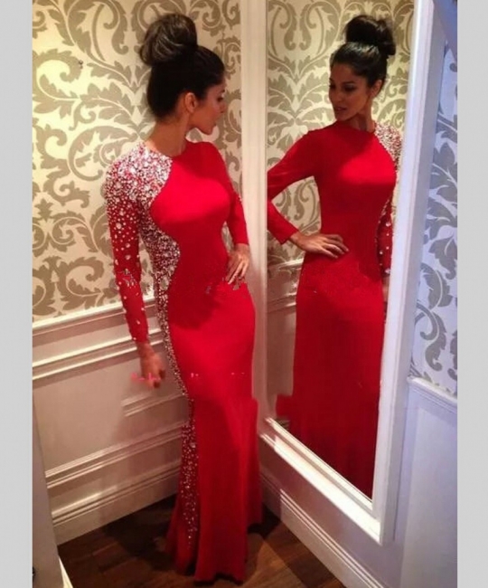 Crystal Red Long Sleeve Prom Dress with Beadings New Arrival Floor Length Evening Gown JT097