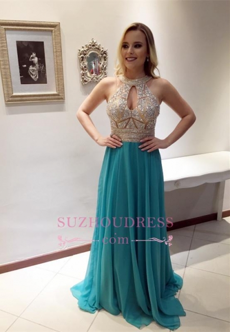 Sleeveless Keyhole A-line Zipper Glamorous Beads Chiffon Prom Dress