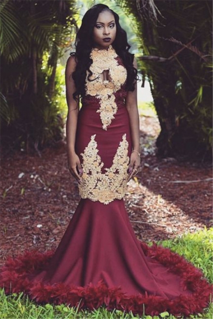 Sexy Burgundy Feather Prom Dresses | Sleeveless Mermaid High Neck Lace Evening Dress