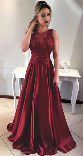 Sleeveless Burgundy Prom Dress A-line Sheer Tulle Appliques Long Formal Evening Gown
