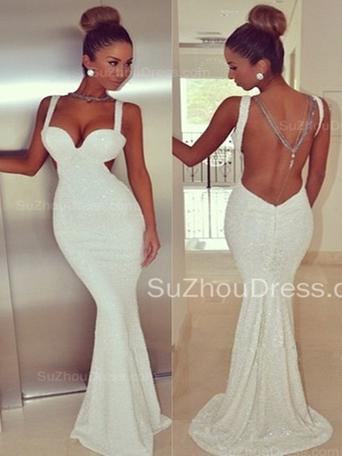 Mermaid Evening Dresses Spaghetti Straps Sweep Train Zipper Elegant Sequined Evening Gowns with Back Chains