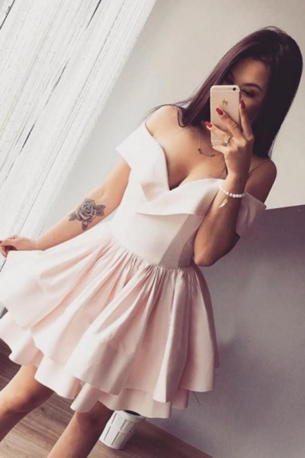 Pink Simple Short Homecoming Dresses  Off Shoulder  Cocktail Dress