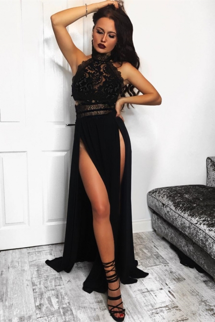 Halter Black Lace Sexy Evening Dresses  | Sleeveless Open Back Prom Dress  with Slits